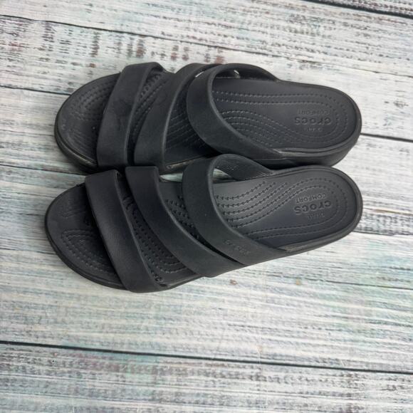 Crocs Black Boca Strappy Wedge Slide Sandals – Dual Crocs Comfort 8 - Picture 2 of 4
